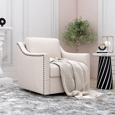 Streamdale Swivel Armchair in Cotton Linen with Brass Accents