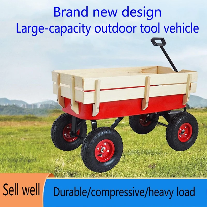 outdoor sport wagon tools cart wooden side panels air tires Wagon (red)