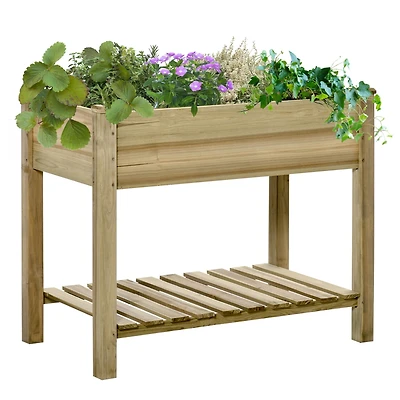 Spacious Elevated 2-Tier Trough-Shaped Garden Bed with Storage Shelf