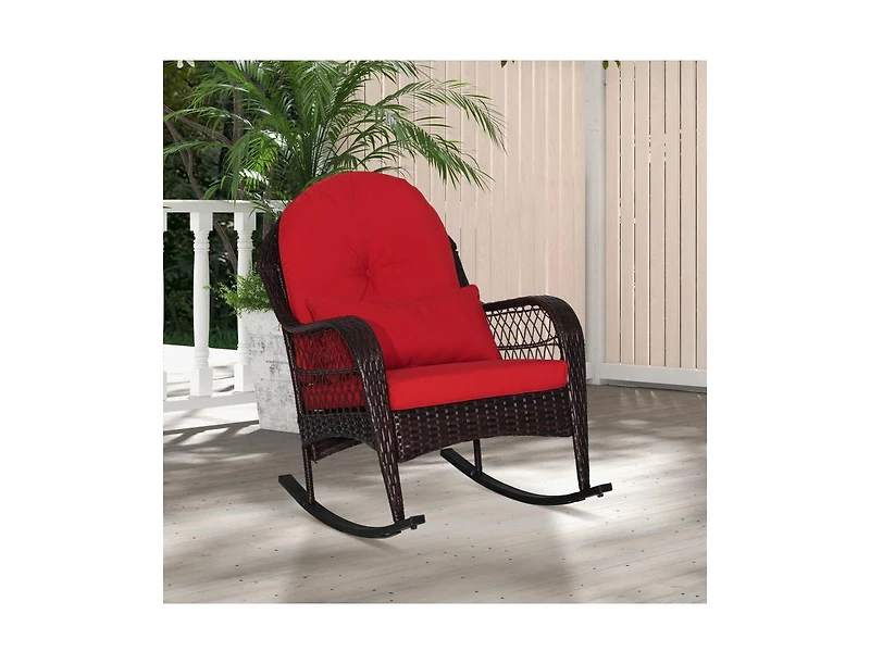 Slickblue Patio Rattan Rocking Chair with Seat Back Cushions and Waist Pillow
