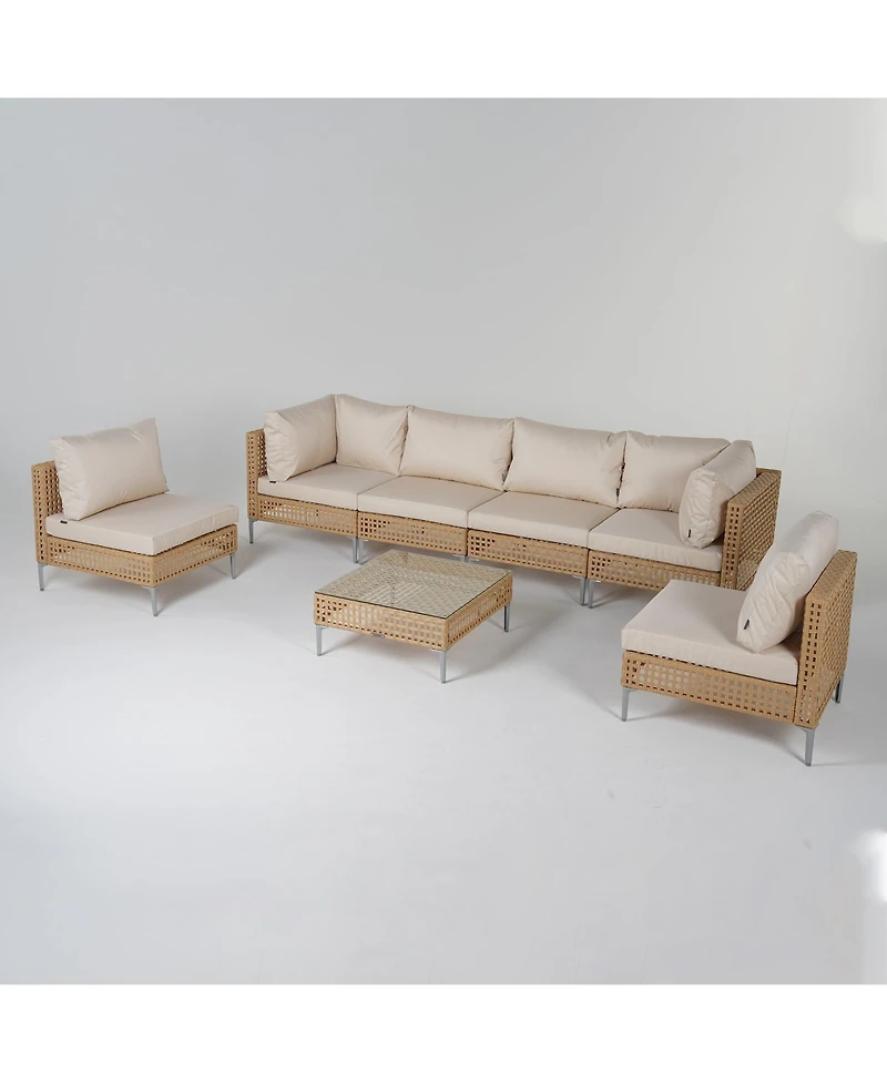 Mondawe 7 piece rIron Frame Beige Rattan 7-Piece Wicker Corner Sofa with Detachable Structure, Gray Cushion for Gazebo