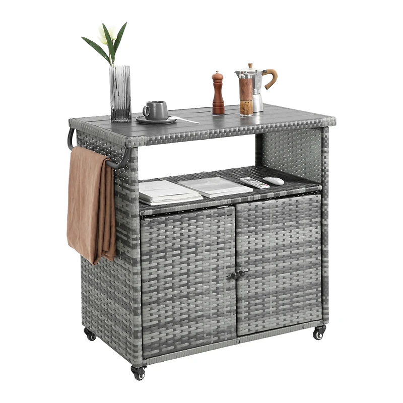 Streamdale Versatile Outdoor Wicker Bar Cart with Wheels and Glass Tabletop