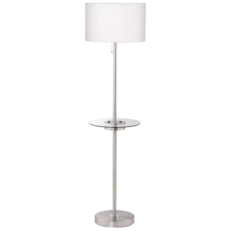 360 Lighting Caper Modern Floor Lamp with Tray Table 60 1/2" Tall Brushed Nickel Usb and Ac Power Outlet Off White Fabric Drum Shade for Living R
