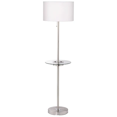 360 Lighting Caper Modern Floor Lamp with Tray Table 60 1/2" Tall Brushed Nickel Usb and Ac Power Outlet Off White Fabric Drum Shade for Living R