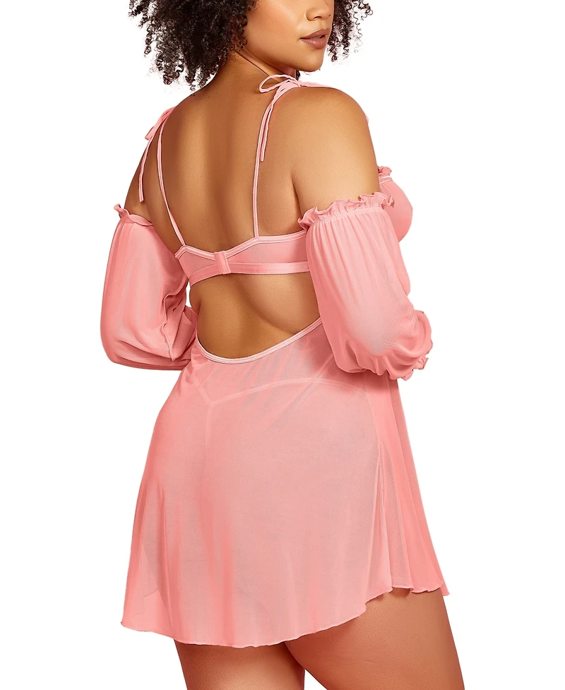 Hauty Plus 2PC Babydoll Lingerie Set Sheer Soft Mesh and Attached off the Shoulder Sleeves