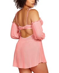 Hauty Plus 2PC Babydoll Lingerie Set Sheer Soft Mesh and Attached off the Shoulder Sleeves