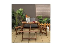 Slickblue 6-person Round Wooden Picnic Table with Umbrella Hole and 3 Built-in Benches-Dark Brown