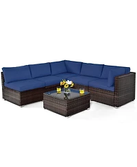 6PCS Patio Rattan Furniture Set Cushioned Sofa Coffee Table Garden