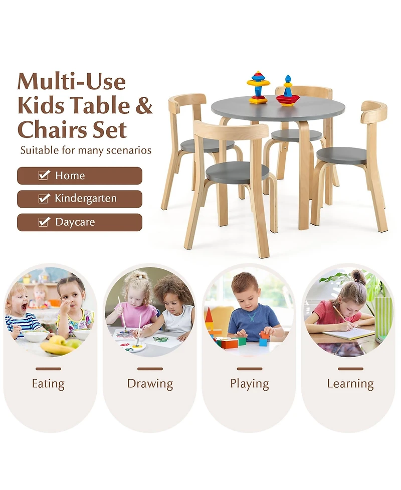 Slickblue 5-Piece Kids Wooden Curved Back Activity Table and Chair Set with Toy Bricks