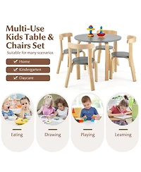 Slickblue 5-Piece Kids Wooden Curved Back Activity Table and Chair Set with Toy Bricks