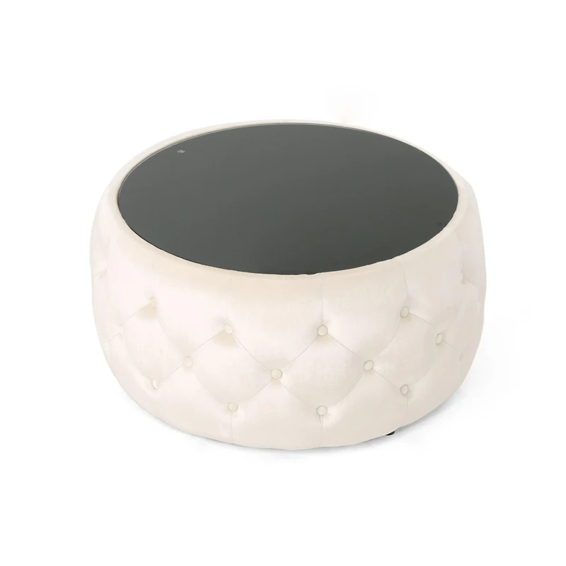Streamdale Modern Glam Velvet Ottoman with Button-Tufted Stitch and Glass Top