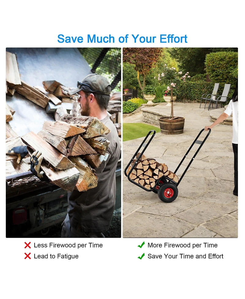Slickblue Firewood Log Cart Carrier with Wear-Resistant and Shockproof Rubber Wheels