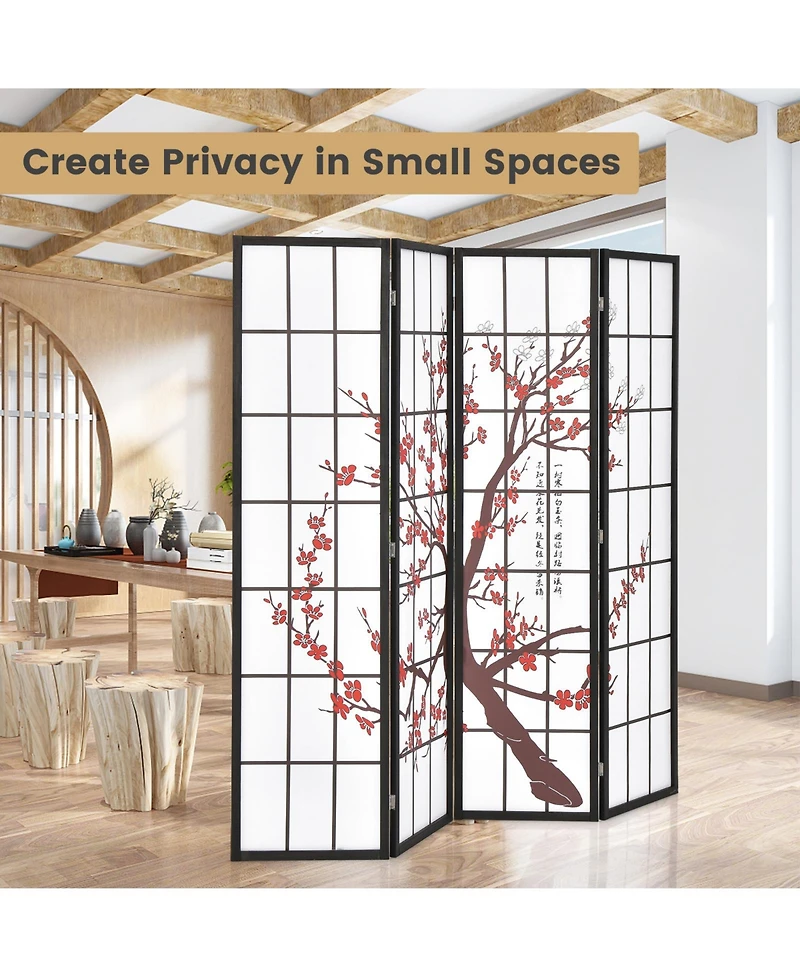 Slickblue 6FT Folding Decorative Oriental Privacy Screen with Plum Blossom Design for Home Office-White