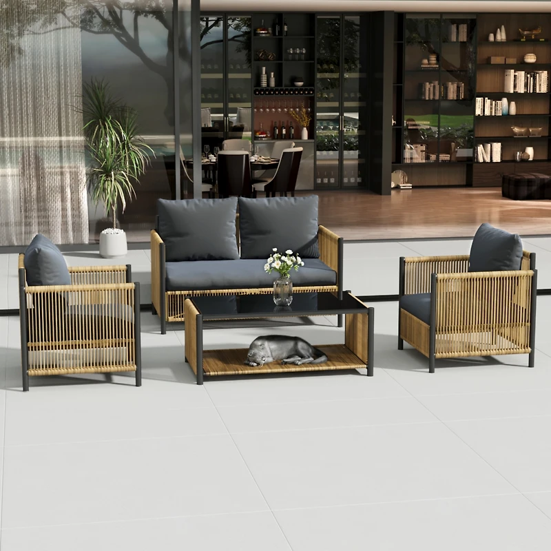Streamdale Patio 6 Pieces Brown Pe Wicker Sofa Set with Grey Cushion