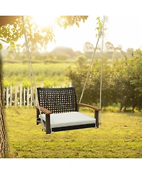 Slickblue Single Rattan Porch Swing with Armrests Cushion and Hanging Ropes-White