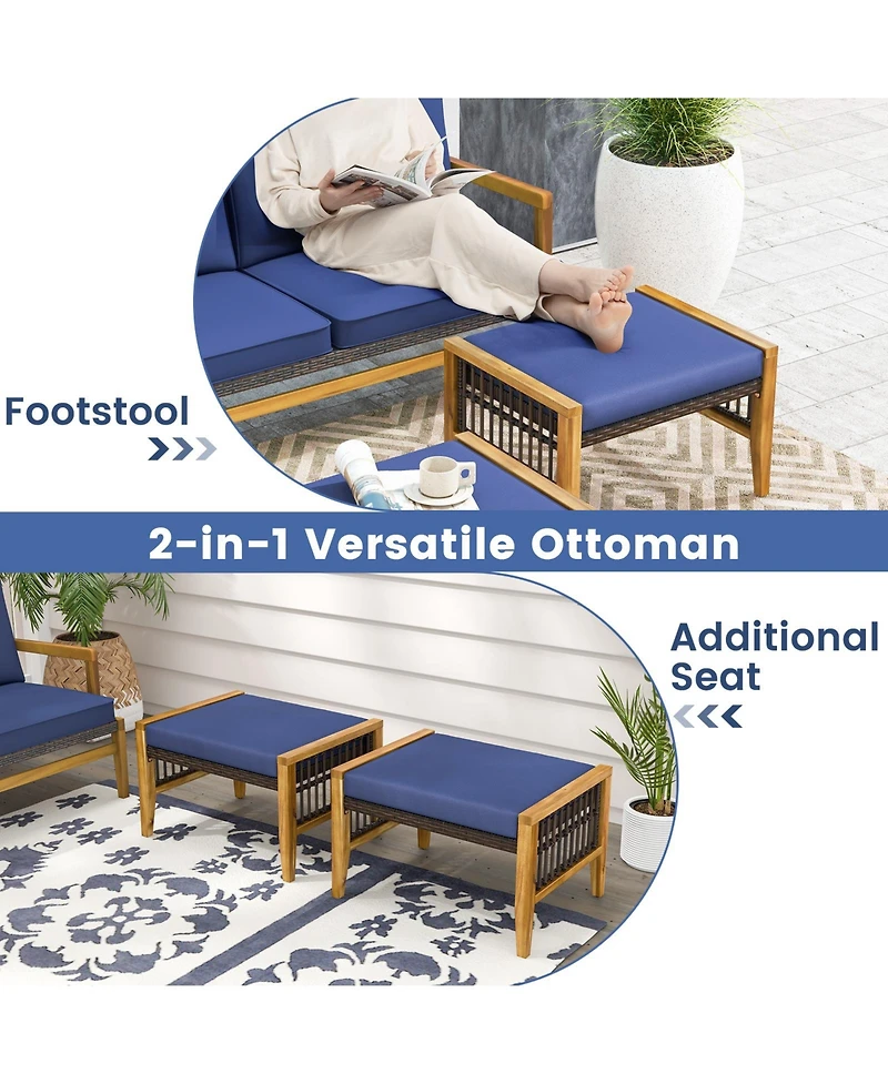 Slickblue Patio Acacia Wood Ottomans with Cushions and Versatile Rattan Woven Footstools