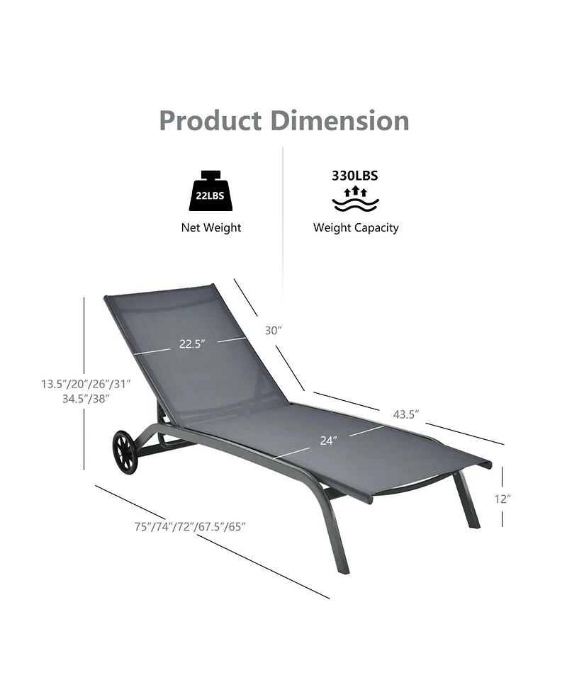 Slickblue 6-Poisition Adjustable Outdoor Chaise Recliner with Wheels