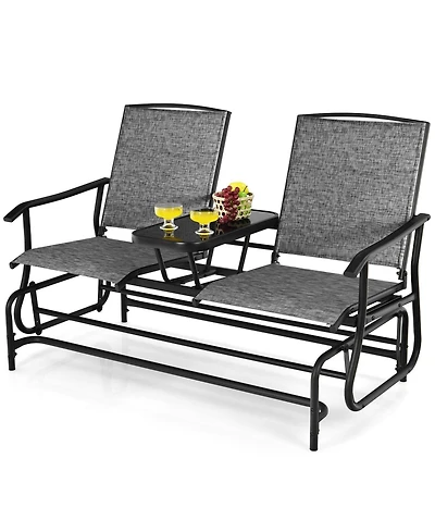 Slickblue 2-Person Double Rocking Loveseat with Mesh Fabric and Center Tempered Glass Table