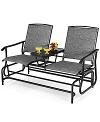 Slickblue 2-Person Double Rocking Loveseat with Mesh Fabric and Center Tempered Glass Table