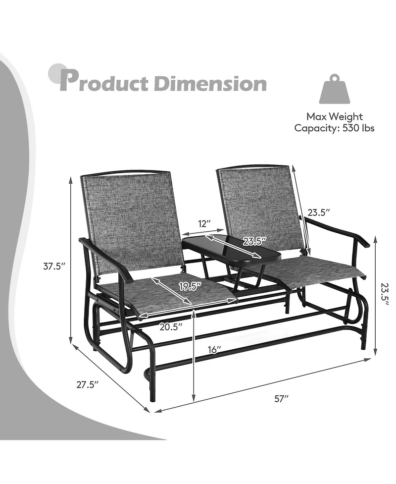Slickblue 2-Person Double Rocking Loveseat with Mesh Fabric and Center Tempered Glass Table