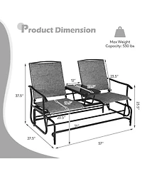 Slickblue 2-Person Double Rocking Loveseat with Mesh Fabric and Center Tempered Glass Table