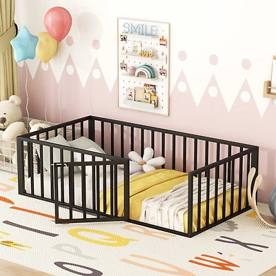 Streamdale Twin Metal Floor Bed Frame with Fence and Door, White