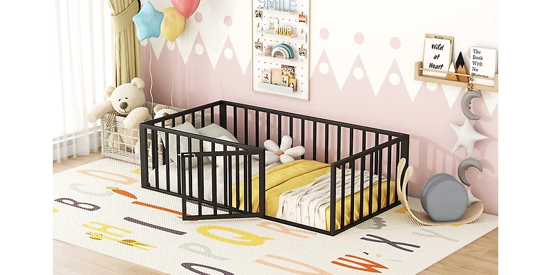 Streamdale Twin Metal Floor Bed Frame with Fence and Door, White