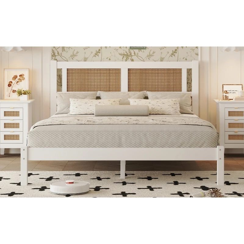 Streamdale Queen Rattan Platform Bed with White Frame