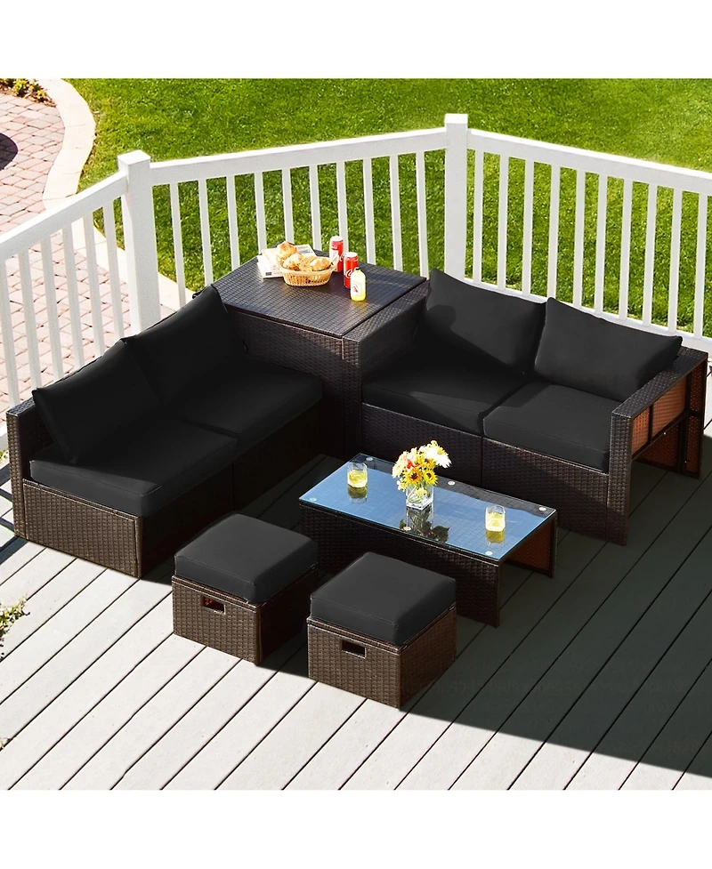 8PCS Patio Rattan Furniture Set Space-Saving Storage Cushion