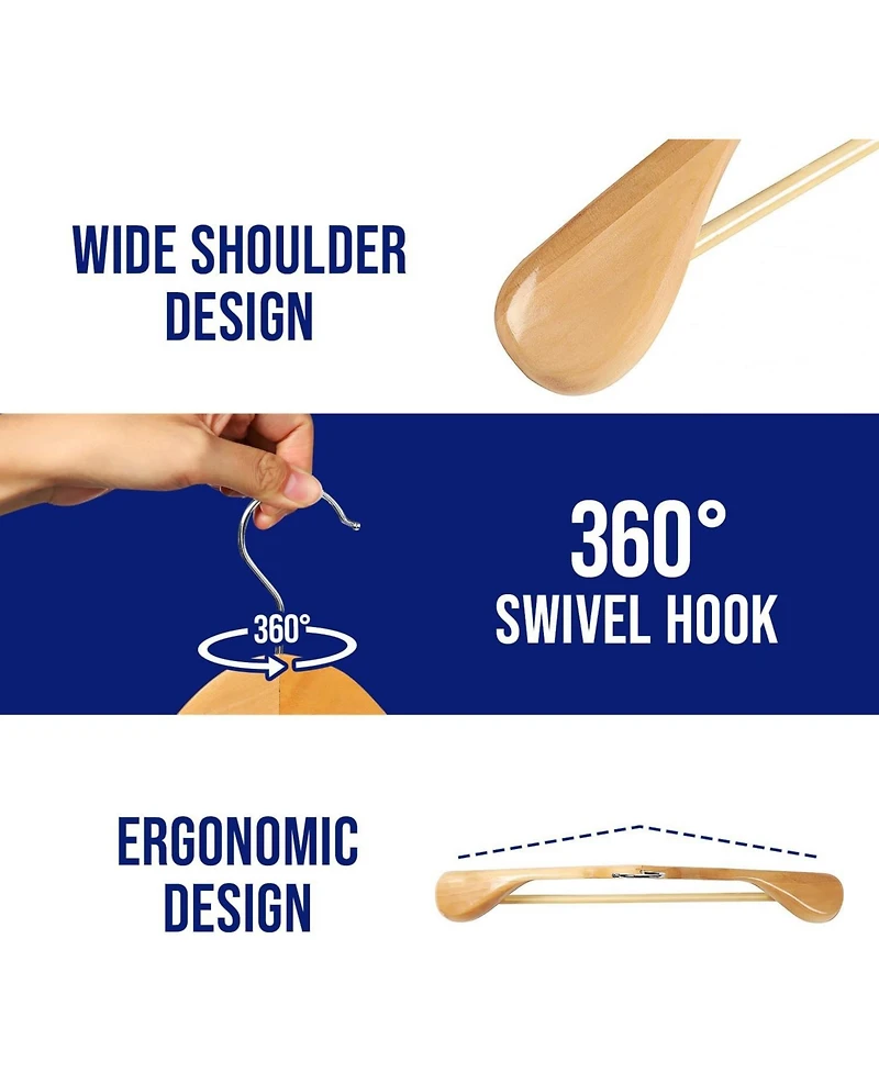Lifemaster 8piece Wooden Hanger Set: Non-slip, space-saving hangers for suits, coats, jackets, pants and dresses with 360° swivel hooks.