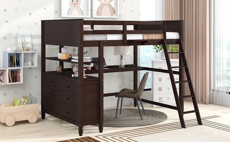 Streamdale Espresso Wooden Loft Bed with Desk and Drawers