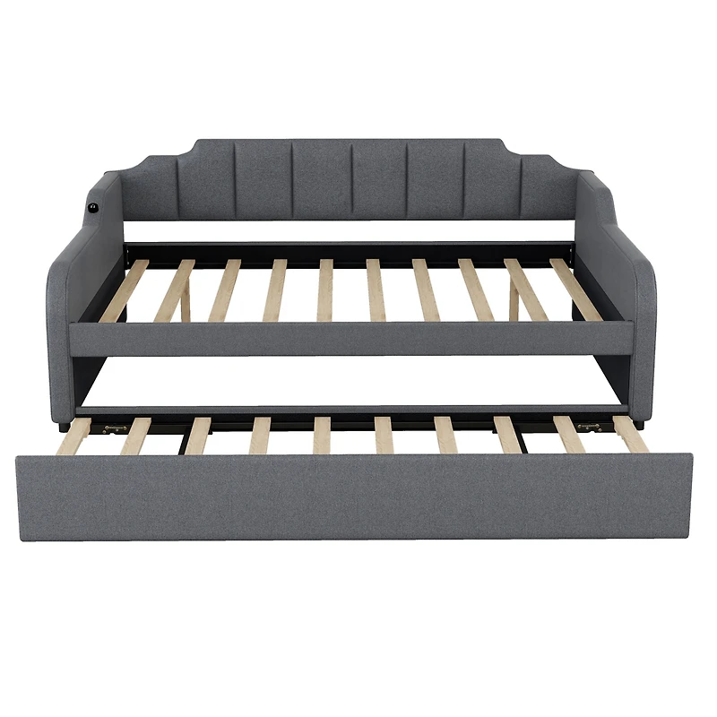 Simplie Fun Full Size Upholstery Daybed With Trundle And Usb Charging Design, Trundle