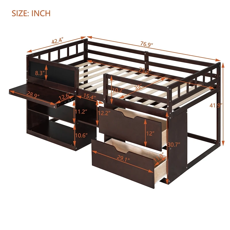 Streamdale Twin Low Loft Bed With Rolling Desk, Shelf And Drawers