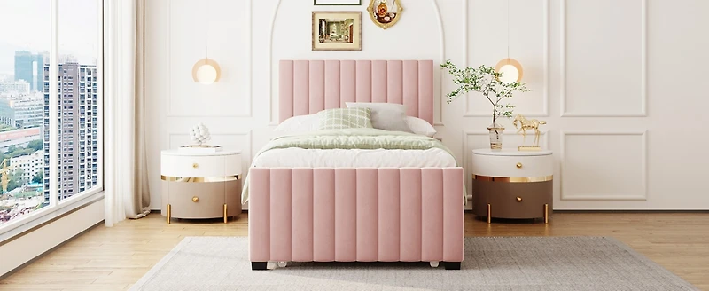 Streamdale Twin Size Velvet Upholstered Platform Bed With Twin Size Trundle, Pink