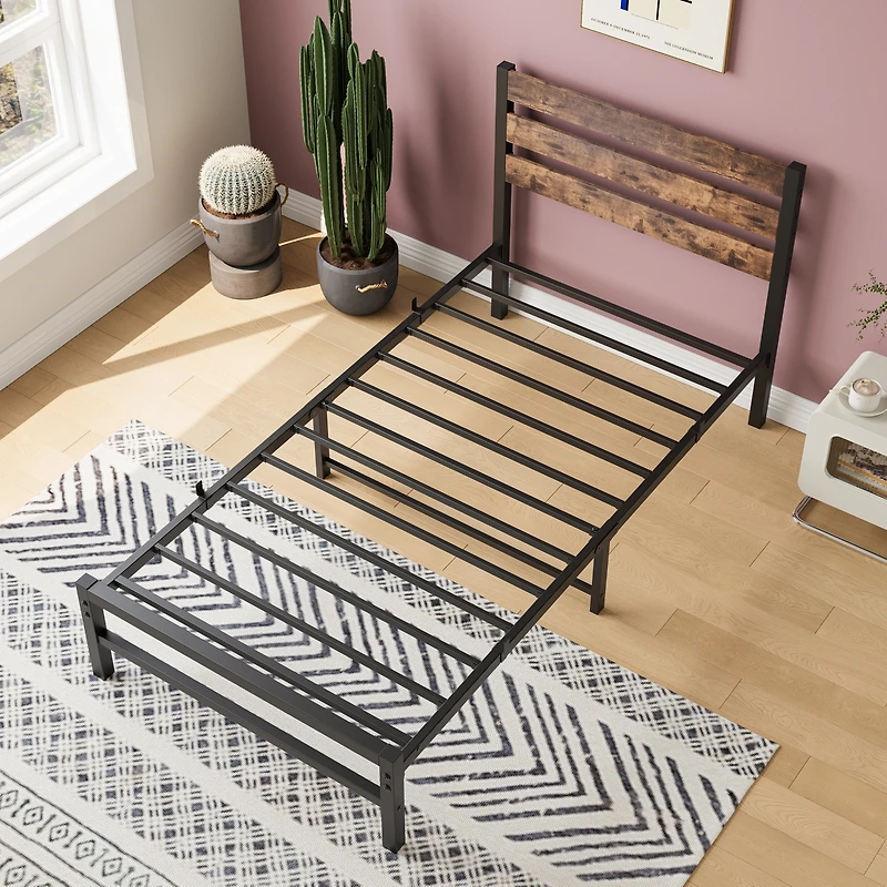 Streamdale Rustic Wood Headboard Twin Bed Frame