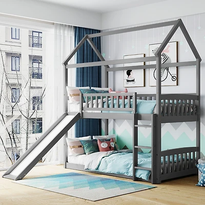 Streamdale Twin Over Twin Bunk Bed With Slide, House Bed With Slide