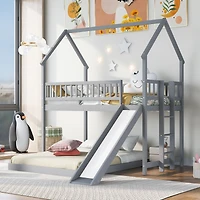 Simplie Fun Twin Over Full House Bunk Bed With Slide And Built-In Ladder, Full-Length Guardrail