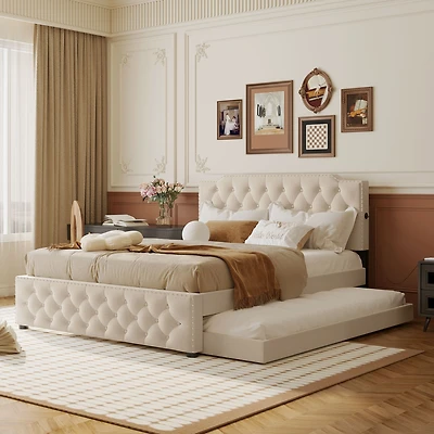 Streamdale Gray Upholstered Queen Platform Bed with Trundle & Usb Ports