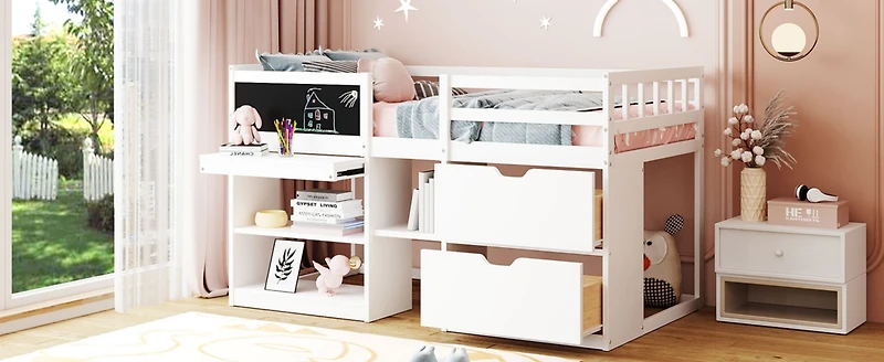 Streamdale Twin Low Loft Bed With Rolling Desk, Shelf And Drawers