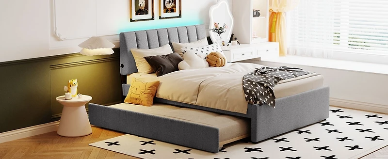 Streamdale Teddy Fleece Full Upholstered Platform Bed With Trundle, Beige