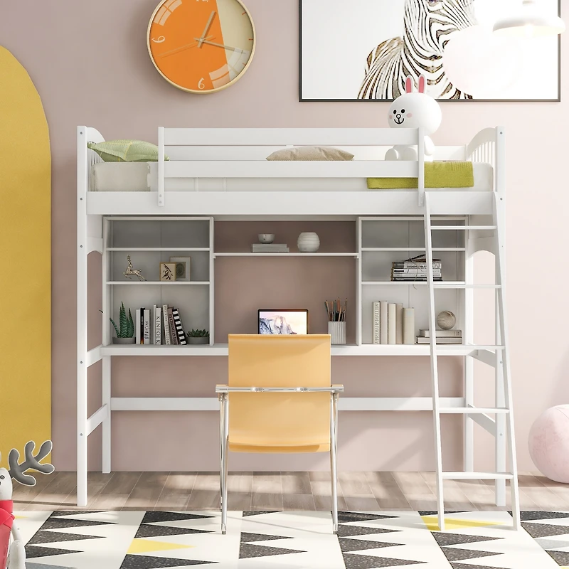 Streamdale Twin Size Loft Bed With Storage Shelves, Desk And Ladder