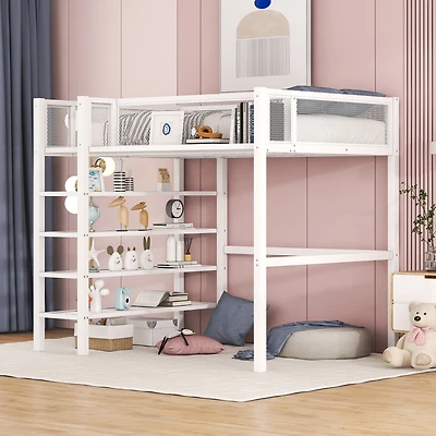 Streamdale Twin Size Metal Loft Bed With 4Tier Shelves And Storage, White