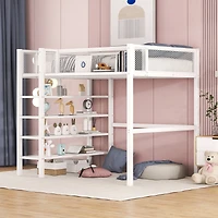 Streamdale Twin Size Metal Loft Bed With 4Tier Shelves And Storage, White