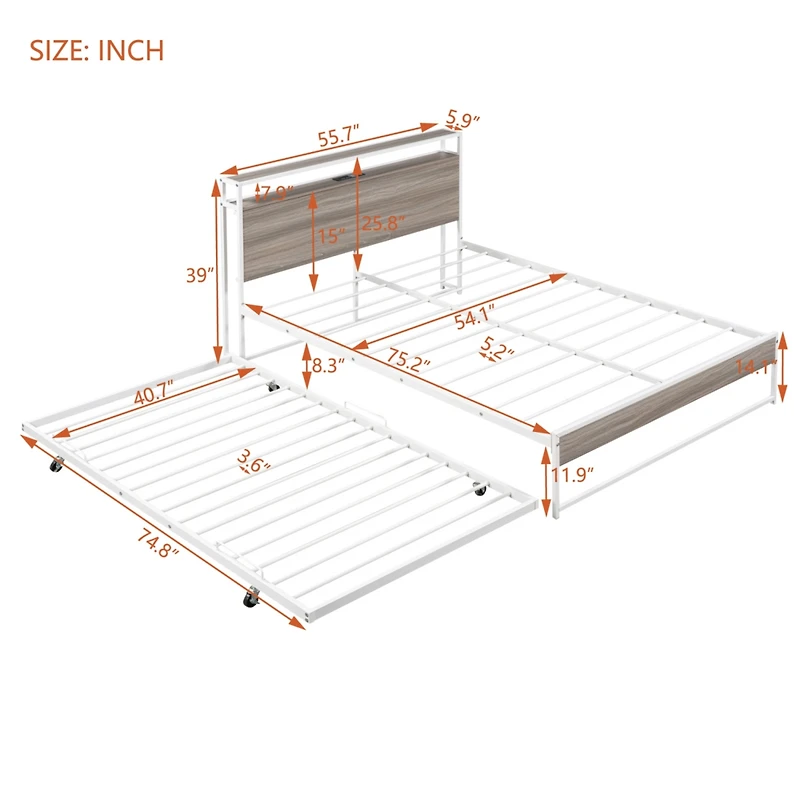 Streamdale Metal Platform Bed Frame w/ Trundle, Usb Ports