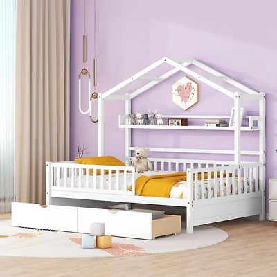 Streamdale Kids' White Wooden House Bed with Drawers and Shelf