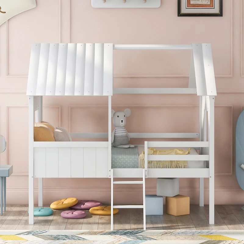 Streamdale Twin Size Low Loft Wood House Bed With Two Side Windows (White)