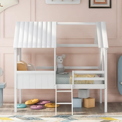 Streamdale Twin Size Low Loft Wood House Bed With Two Side Windows (White)