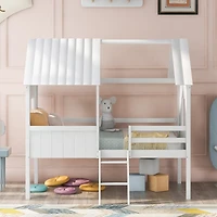 Streamdale Twin Size Low Loft Wood House Bed With Two Side Windows (White)