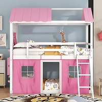 Streamdale Twin Bunk Wood House Bed With Elegant Windows, Sills And Tent