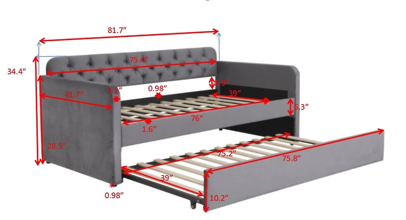 Velvet Upholstered Daybed with Trundle and Usb Charging